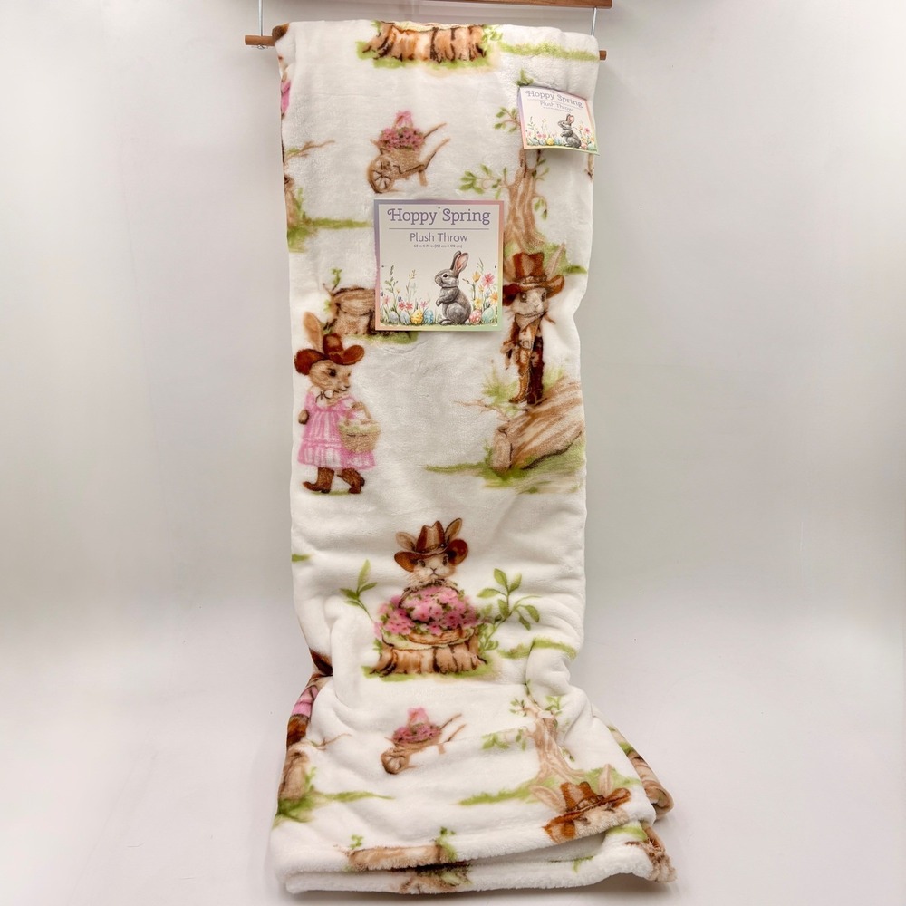 Hoppy Spring‎ Western Bunny Rabbit Plush Throw Blanket Pink White Easter Cowboy